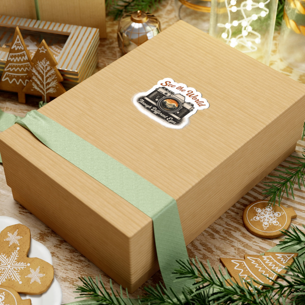Gift box with a camera-themed sticker on a festive background with cookies and greenery