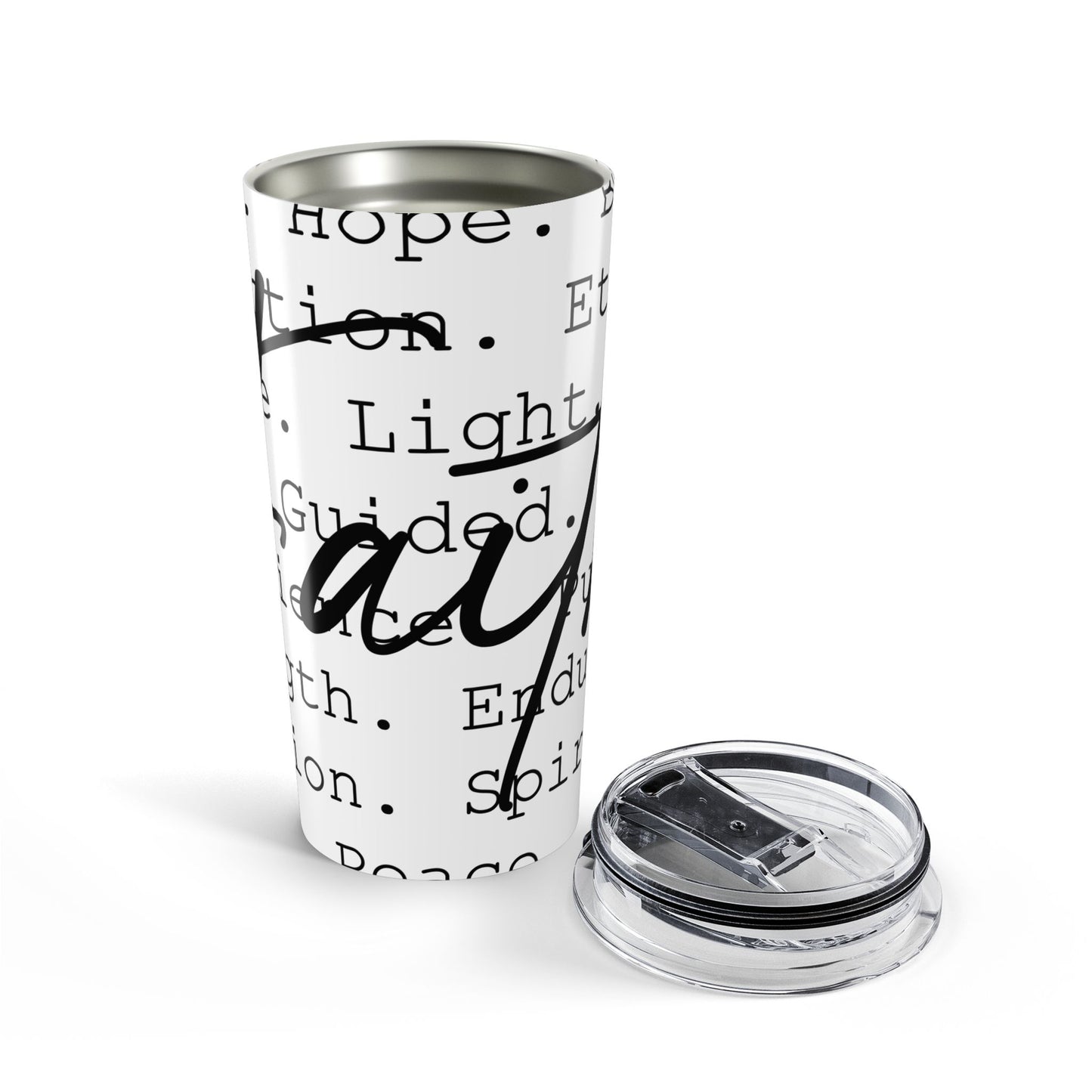 White tumbler with black text and a clear lid on a white background