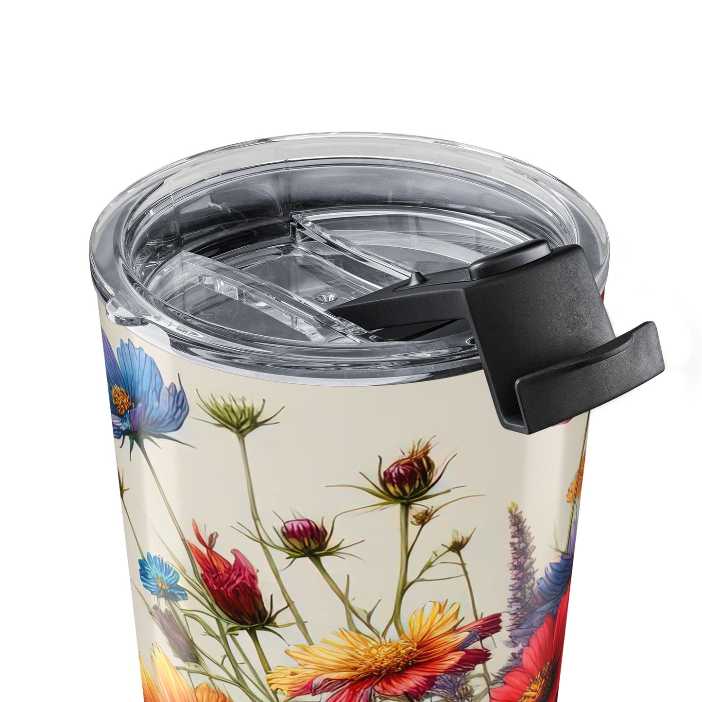 Tumbler with floral design and clear lid on a white background
