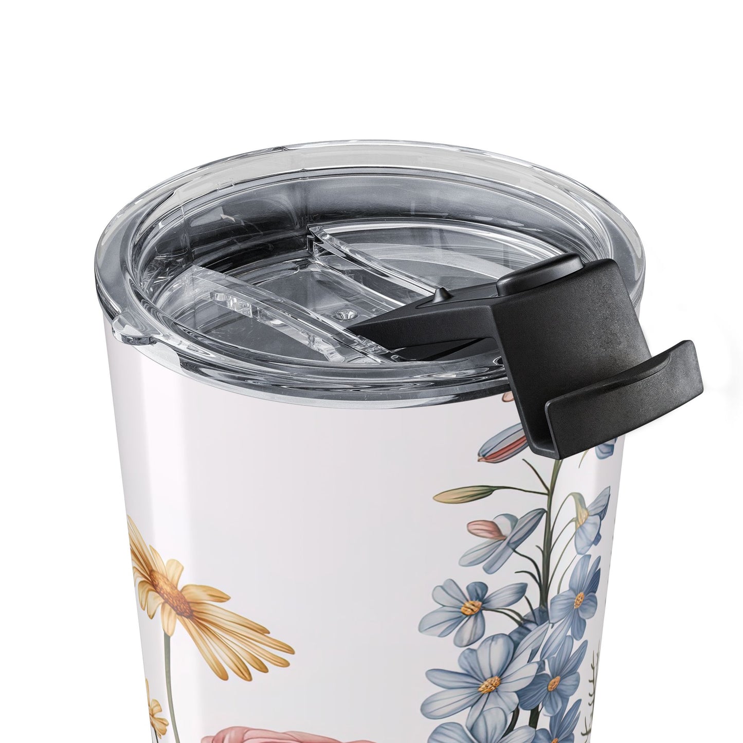 Clear tumbler with floral design and black lid on a white background