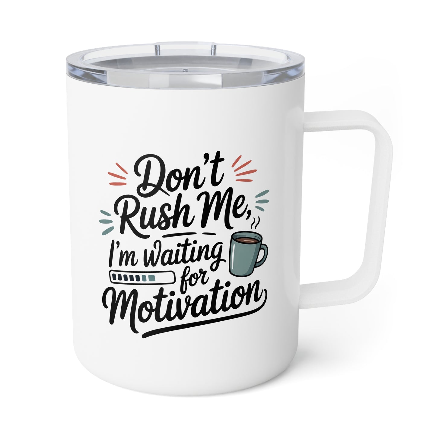 White mug with motivational quote and coffee graphic on a white background