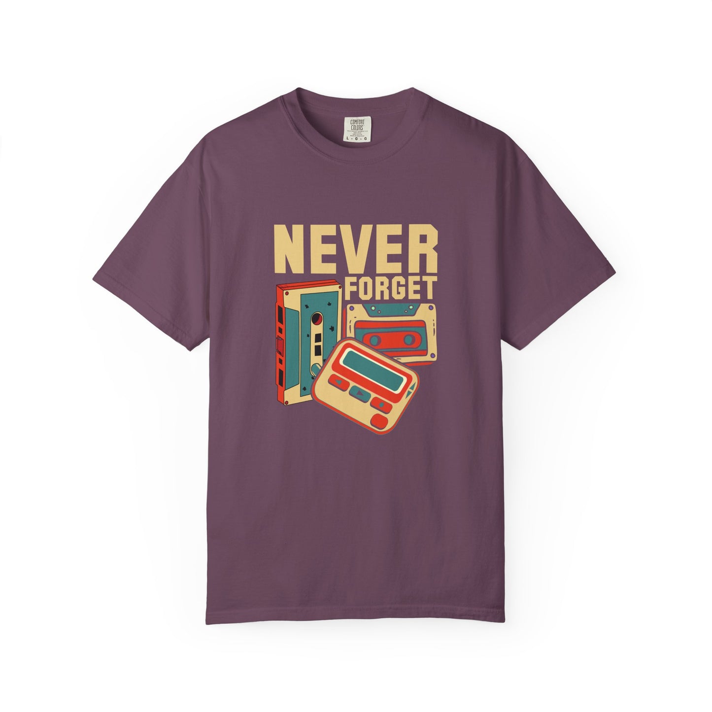 Purple t-shirt with cassette tape graphic and 'Never Forget' text on a white background