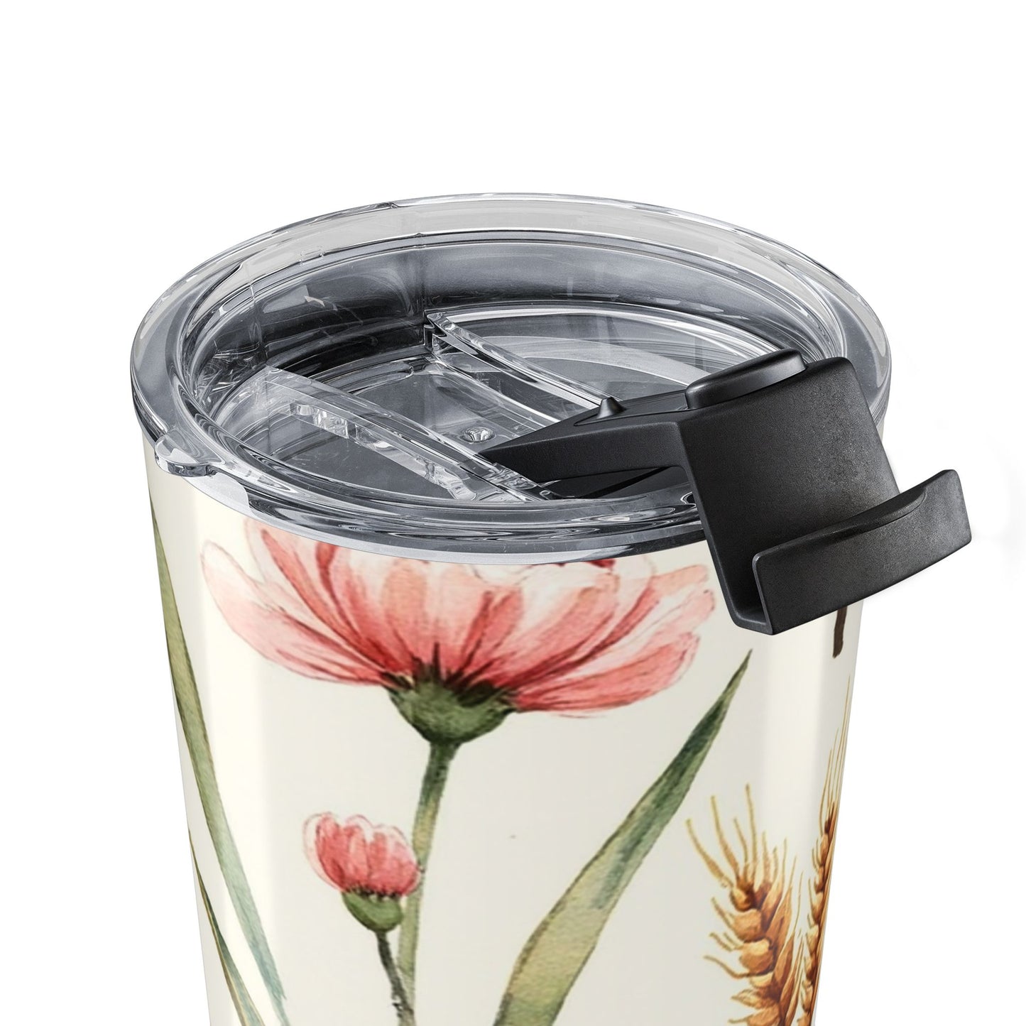 Clear tumbler with floral design and black lid on a white background