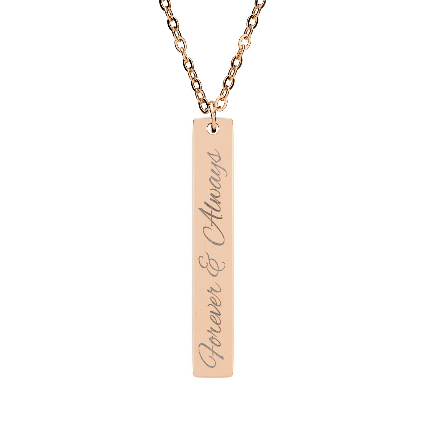Gold necklace with a rectangular pendant engraved with 'Forever & Always' on a white background