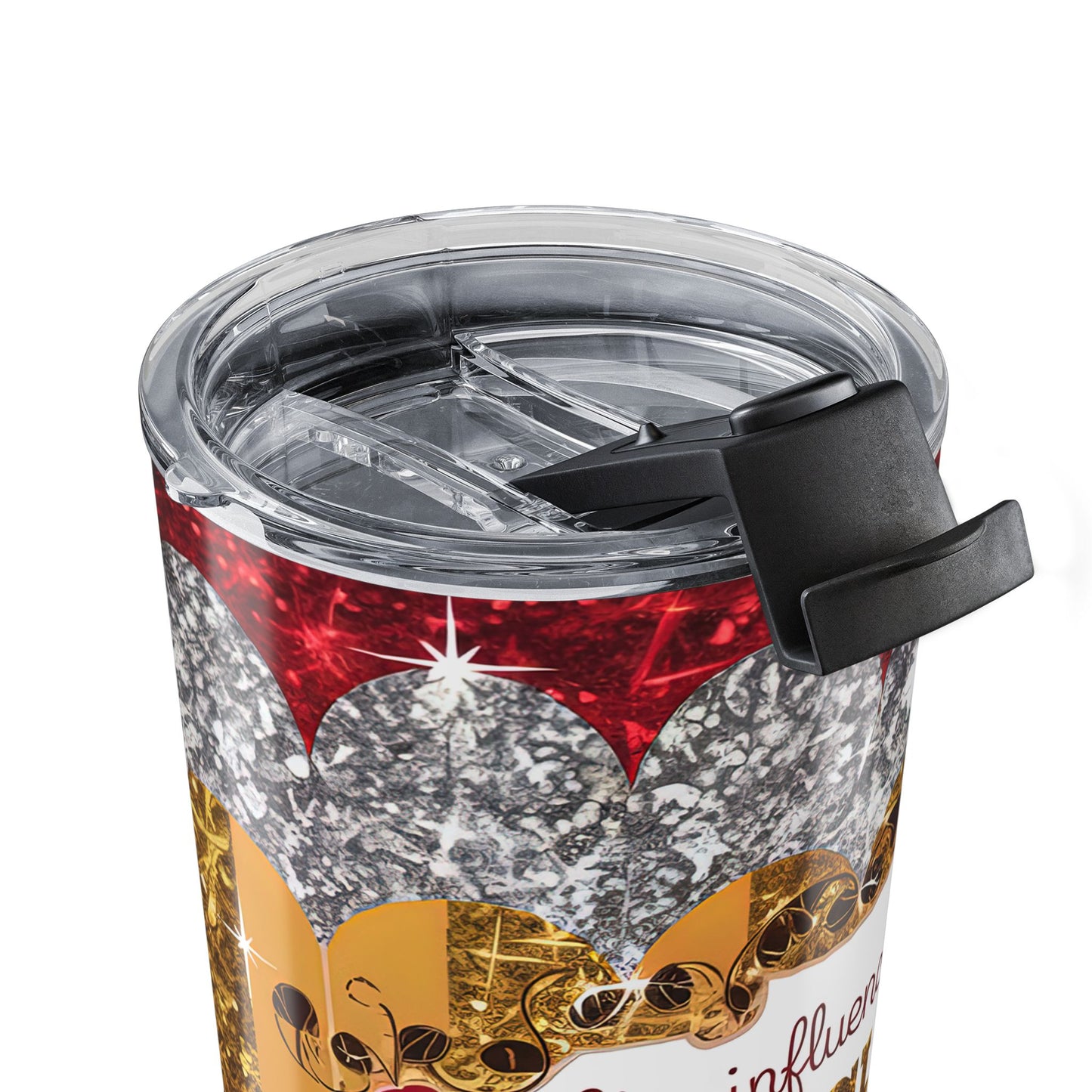 Clear tumbler with a colorful design on a white background