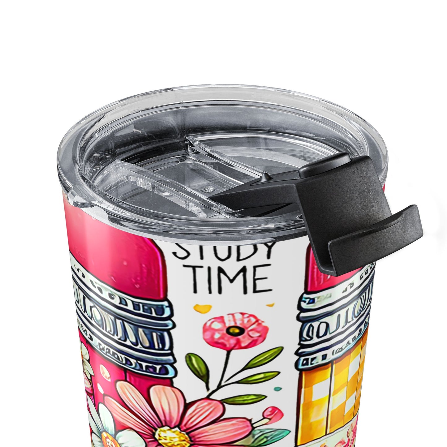 Travel mug with 'Study Time' design and floral patterns on a white background