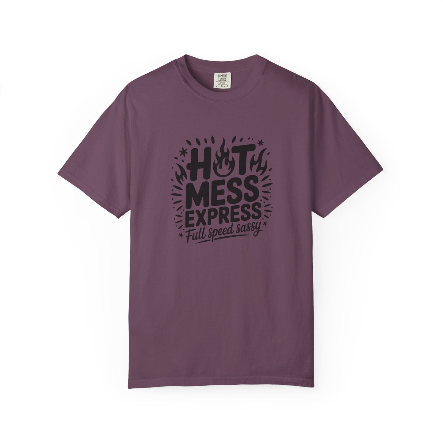 Purple t-shirt with black text design on a white background