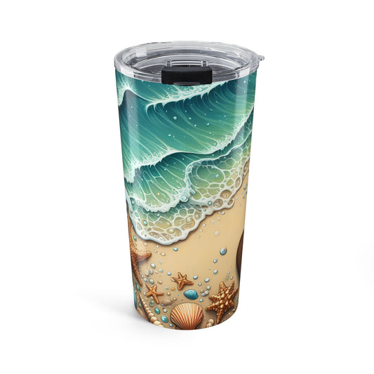 Tumbler with ocean wave and beach-themed design on a white background