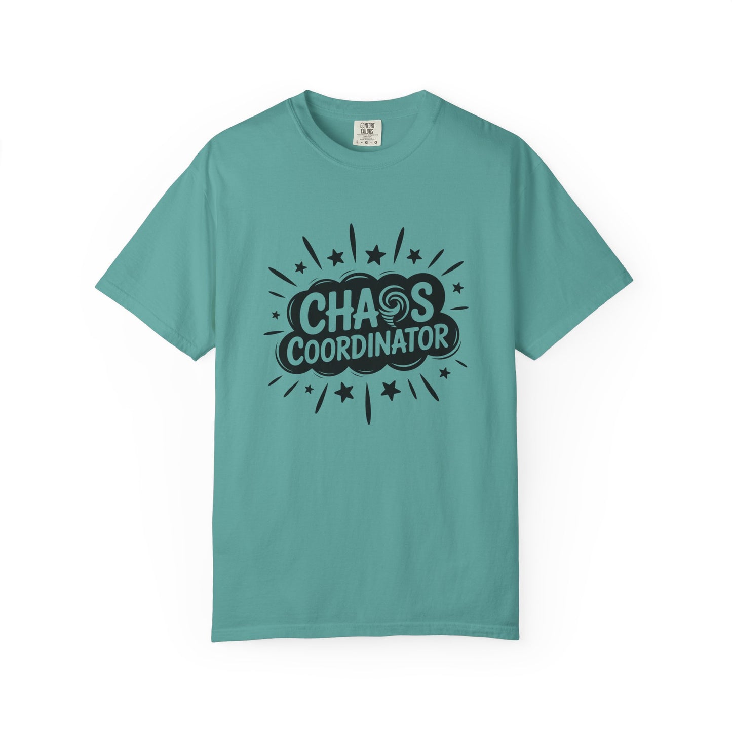Teal t-shirt with 'Chaos Coordinator' text on a white background