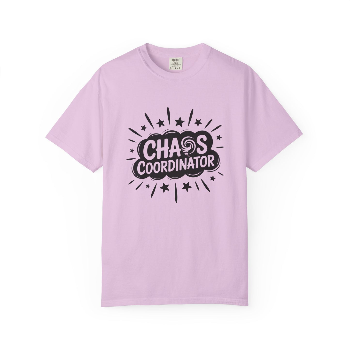 Light purple t-shirt with 'Chaos Coordinator' text on a white background