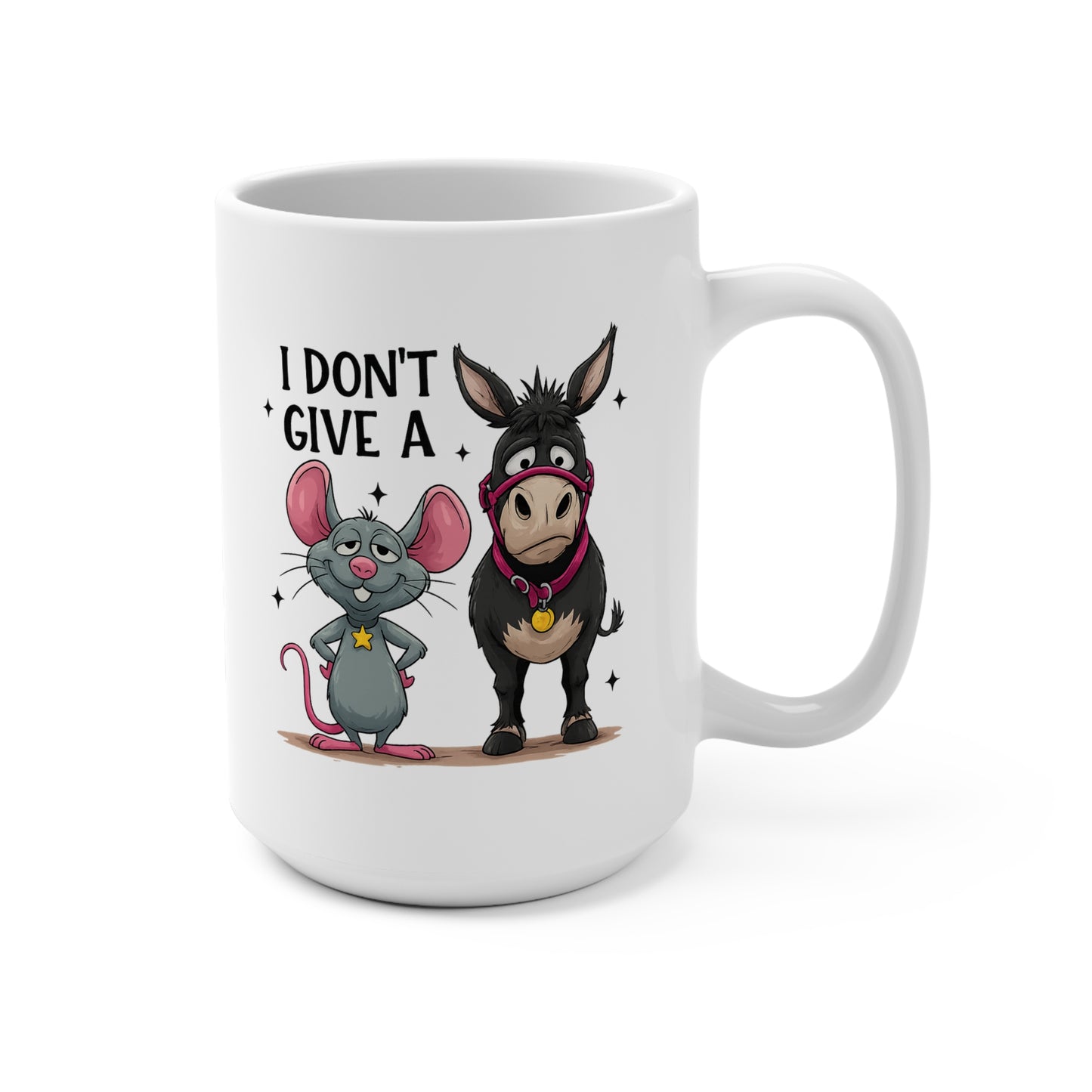 White mug with cartoon mouse and donkey design and text 'I Don't Give A' on a white background