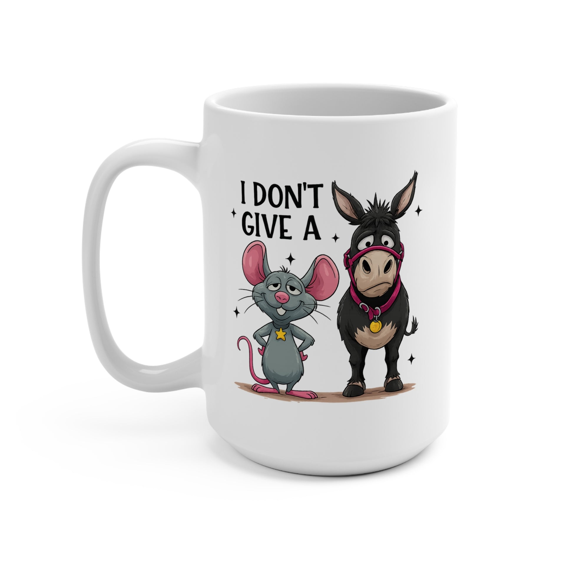 White mug with cartoon characters and text 'I don't give a...' on a white background