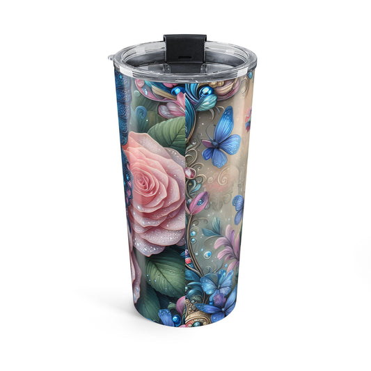Tumbler with floral and butterfly design on a white background