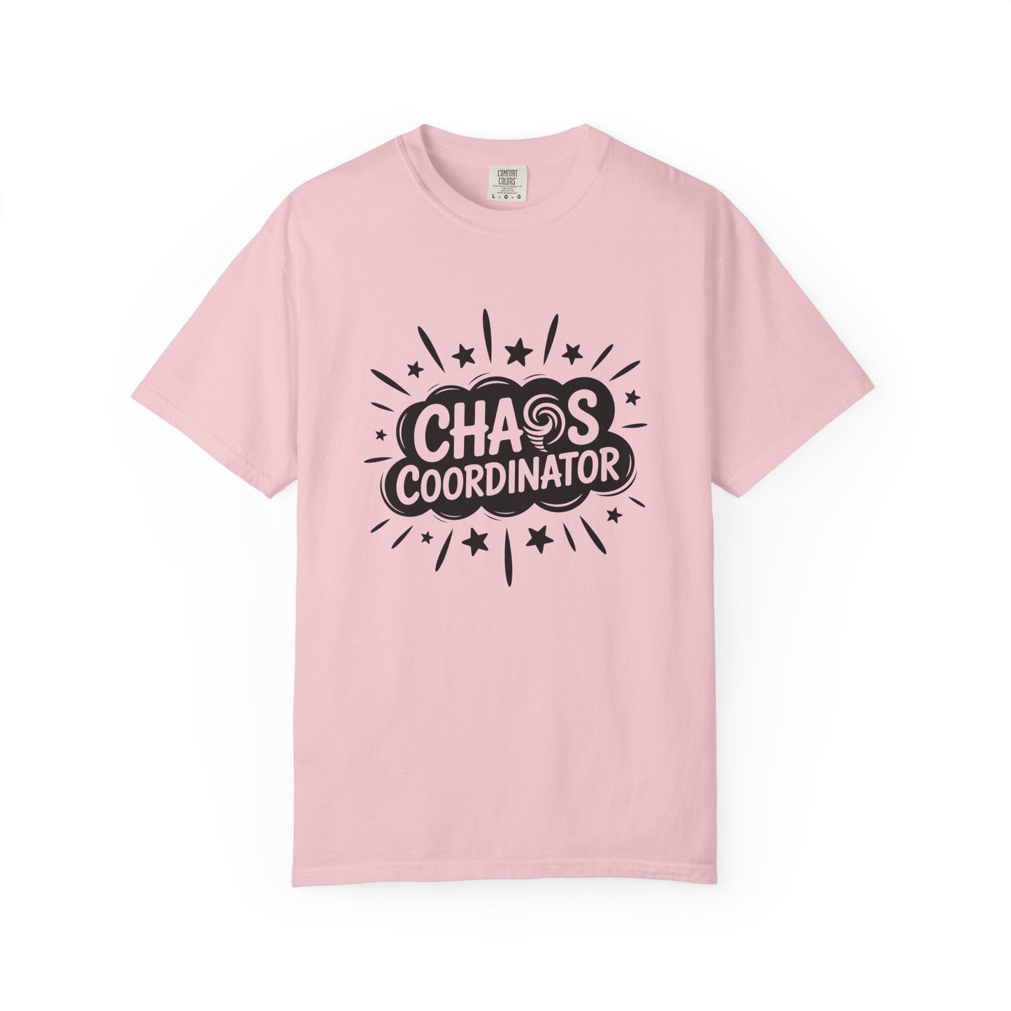Pink t-shirt with 'Chaos Coordinator' text on a white background
