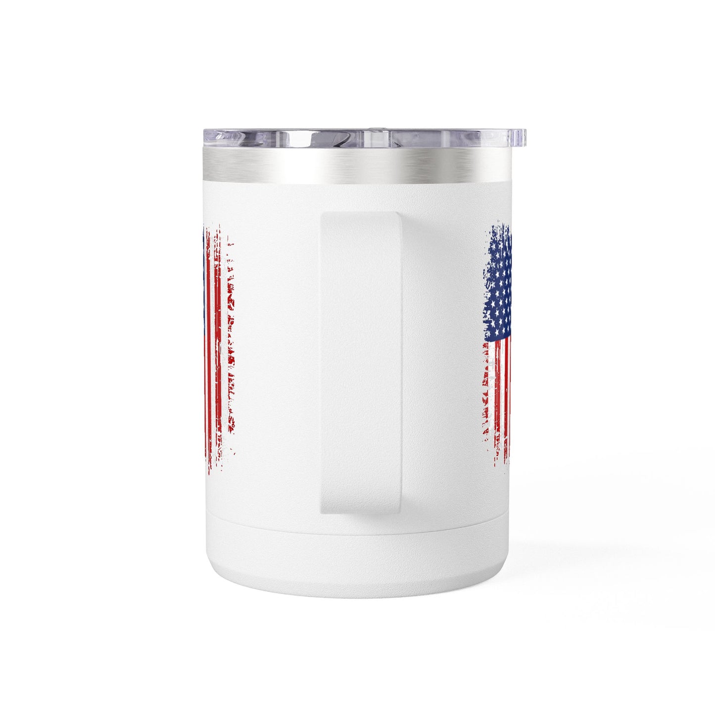 White tumbler with American flag design on a white background