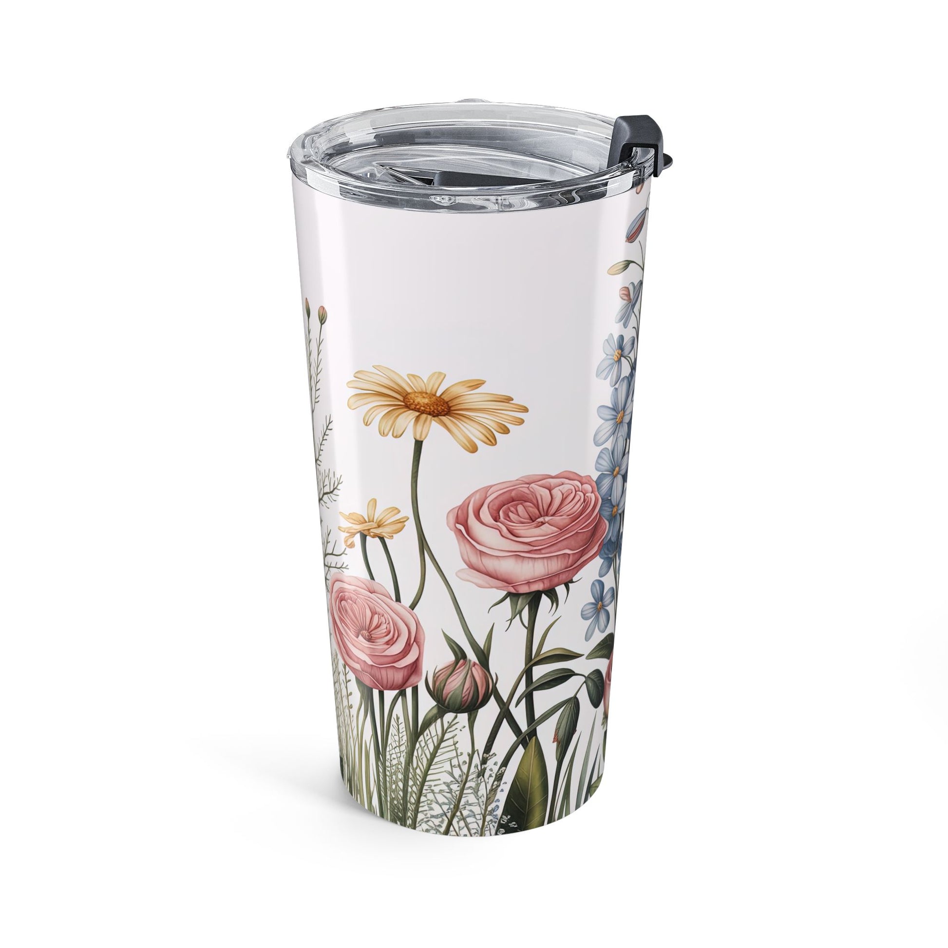 Clear lide, white tumbler with floral design on a white background