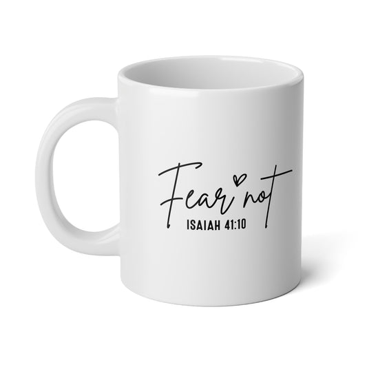 White mug with 'Fear not Isaiah 41:10' text on a white background