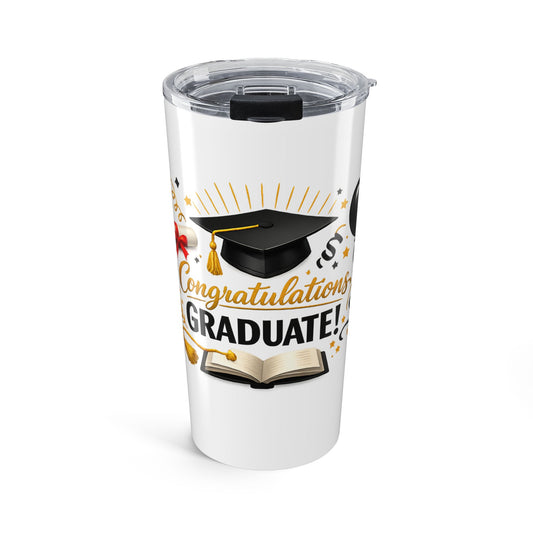 Metal insulated  tumbler with 'Congratulations Graduate!' design on a white background with clear plastic lid