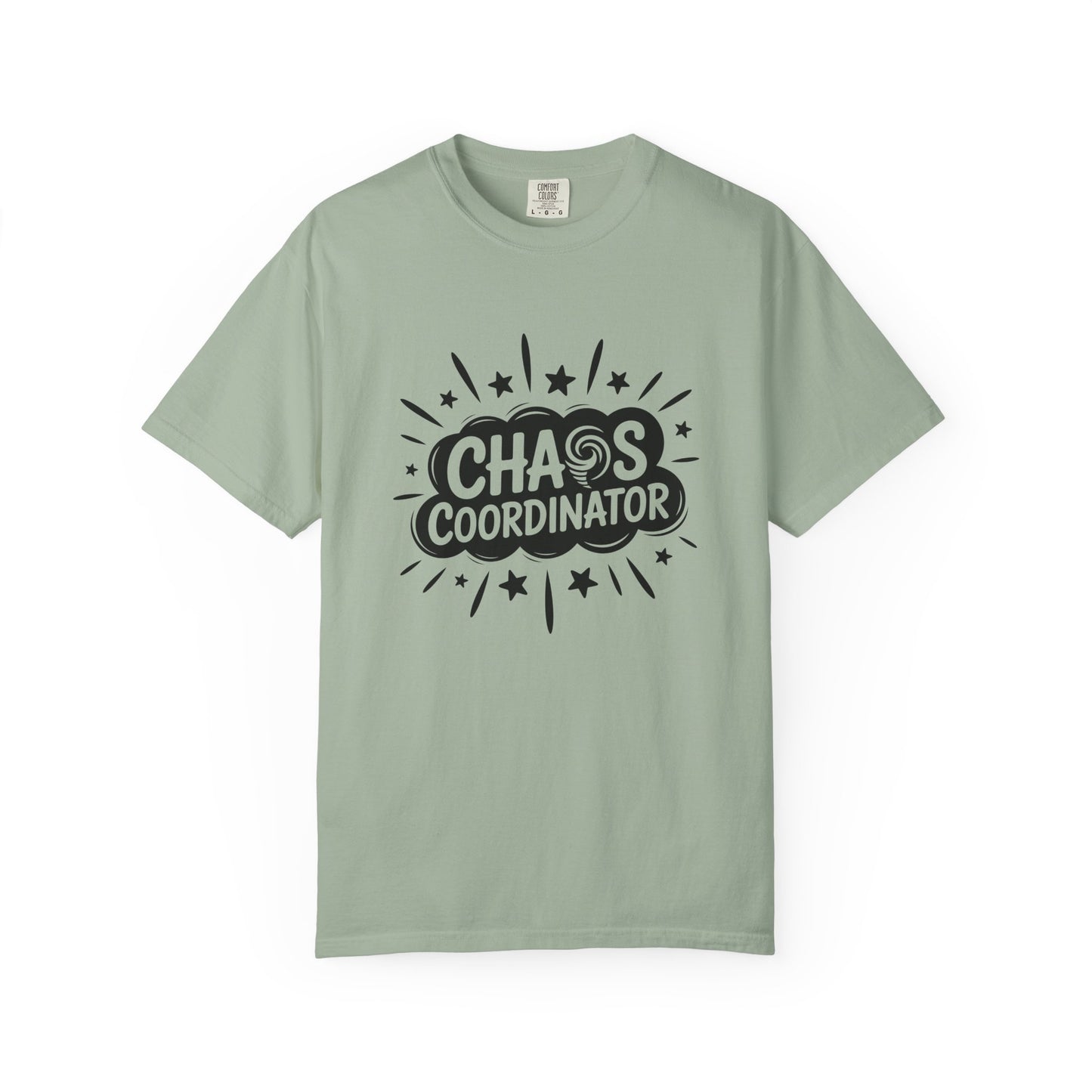 Light green t-shirt with 'Chaos Coordinator' text on a white background