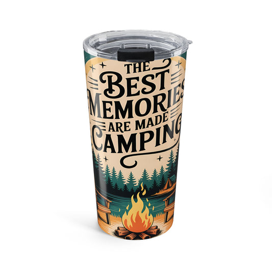 Tumbler with camping design and text 'The Best Memories Are Made Camping' on a white background