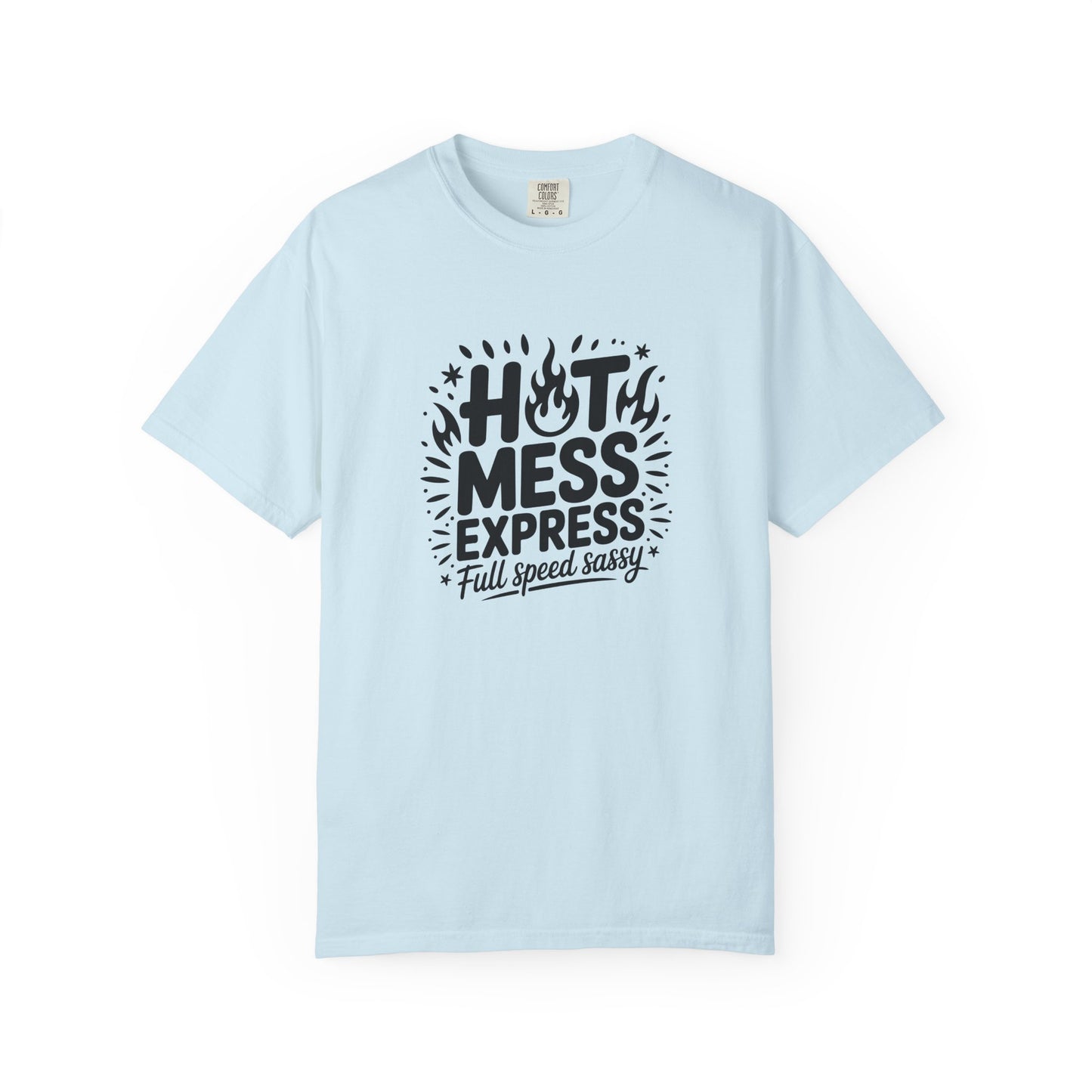 Light blue t-shirt with black text design on a white background
