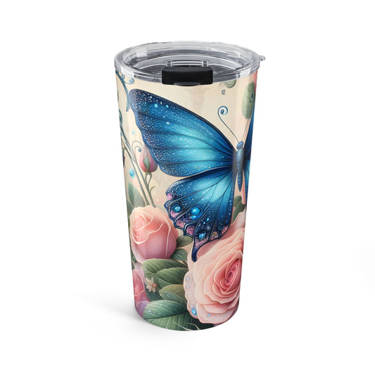 Tumbler with a blue butterfly and pink roses design on a white background