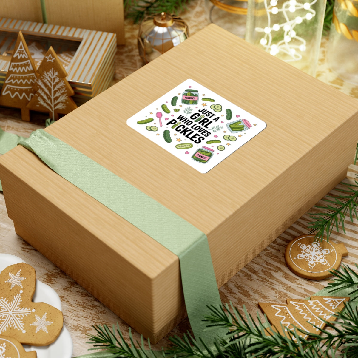 Wooden gift box with a decorative label on a festive background with cookies and greenery.