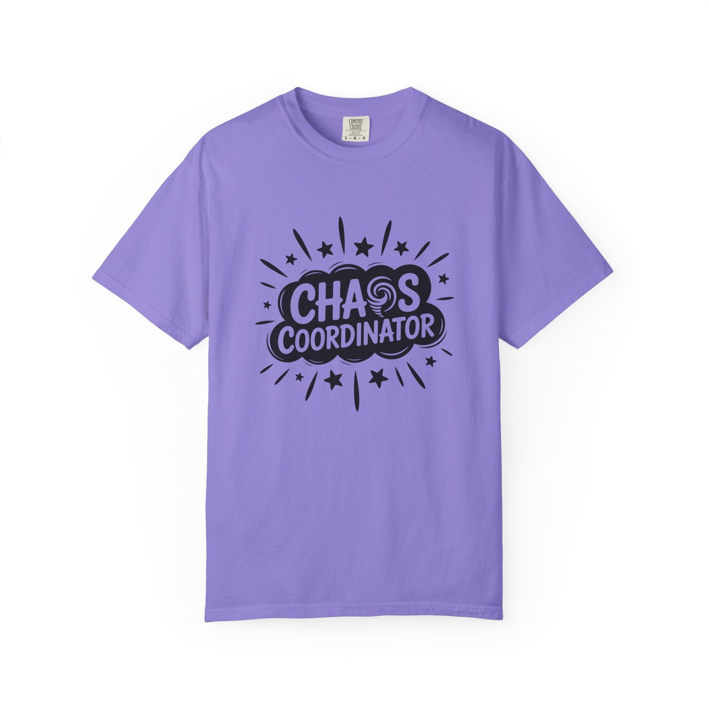 Purple t-shirt with 'Chaos Coordinator' text on a white background