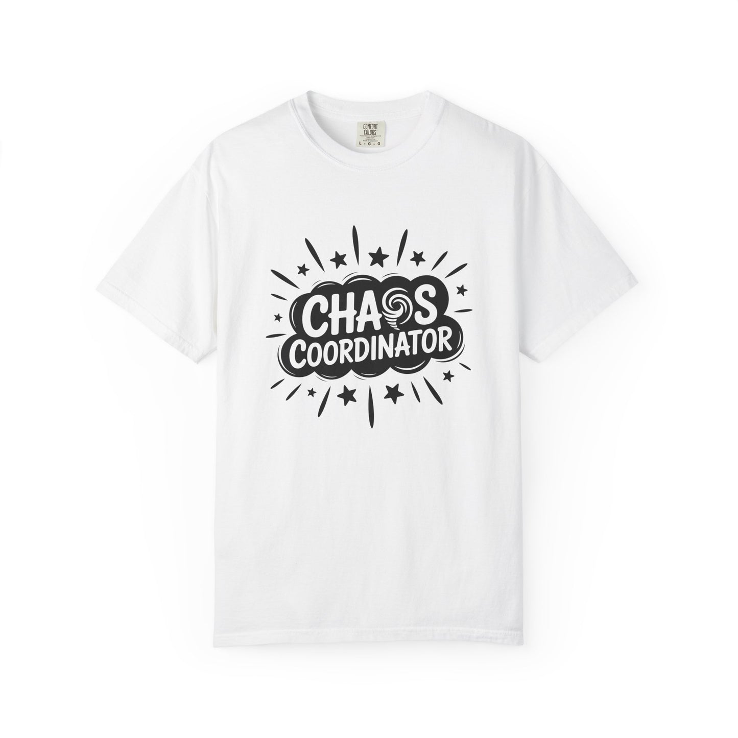 White t-shirt with 'Chaos Coordinator' text on a white background