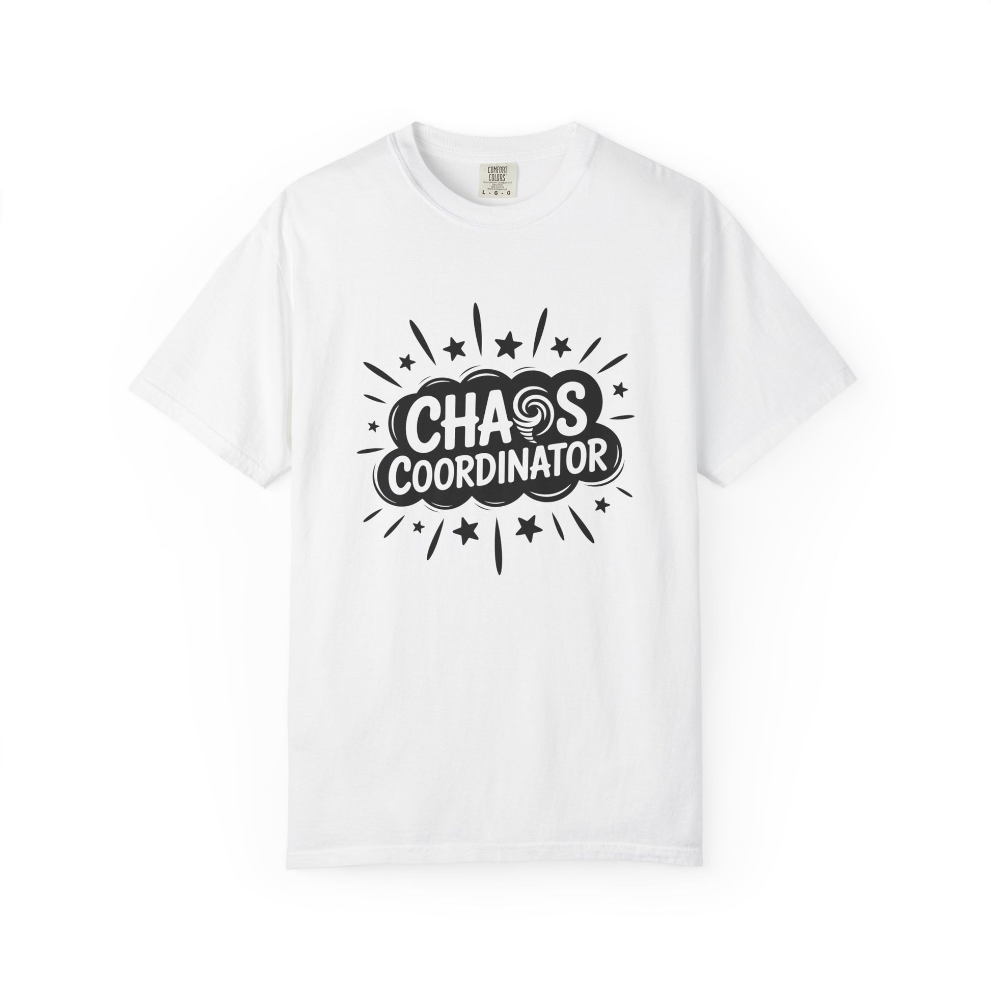 White t-shirt with 'Chaos Coordinator' text on a white background
