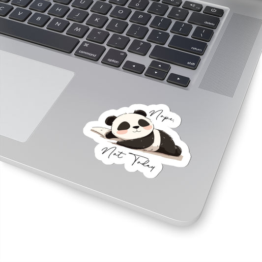 Laptop with a sticker of a panda bear and text 'Nope Not Today' on the palm rest area.