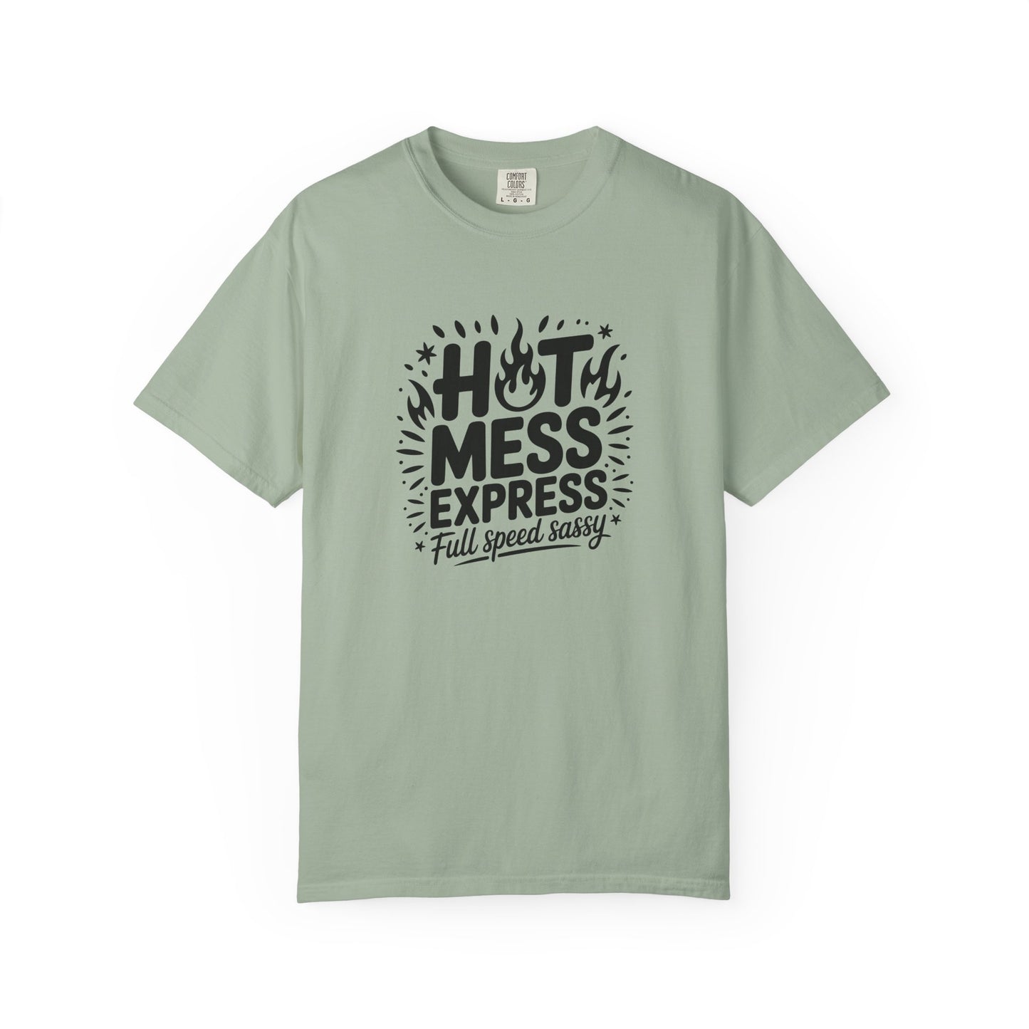 Light green t-shirt with black text design on a white background