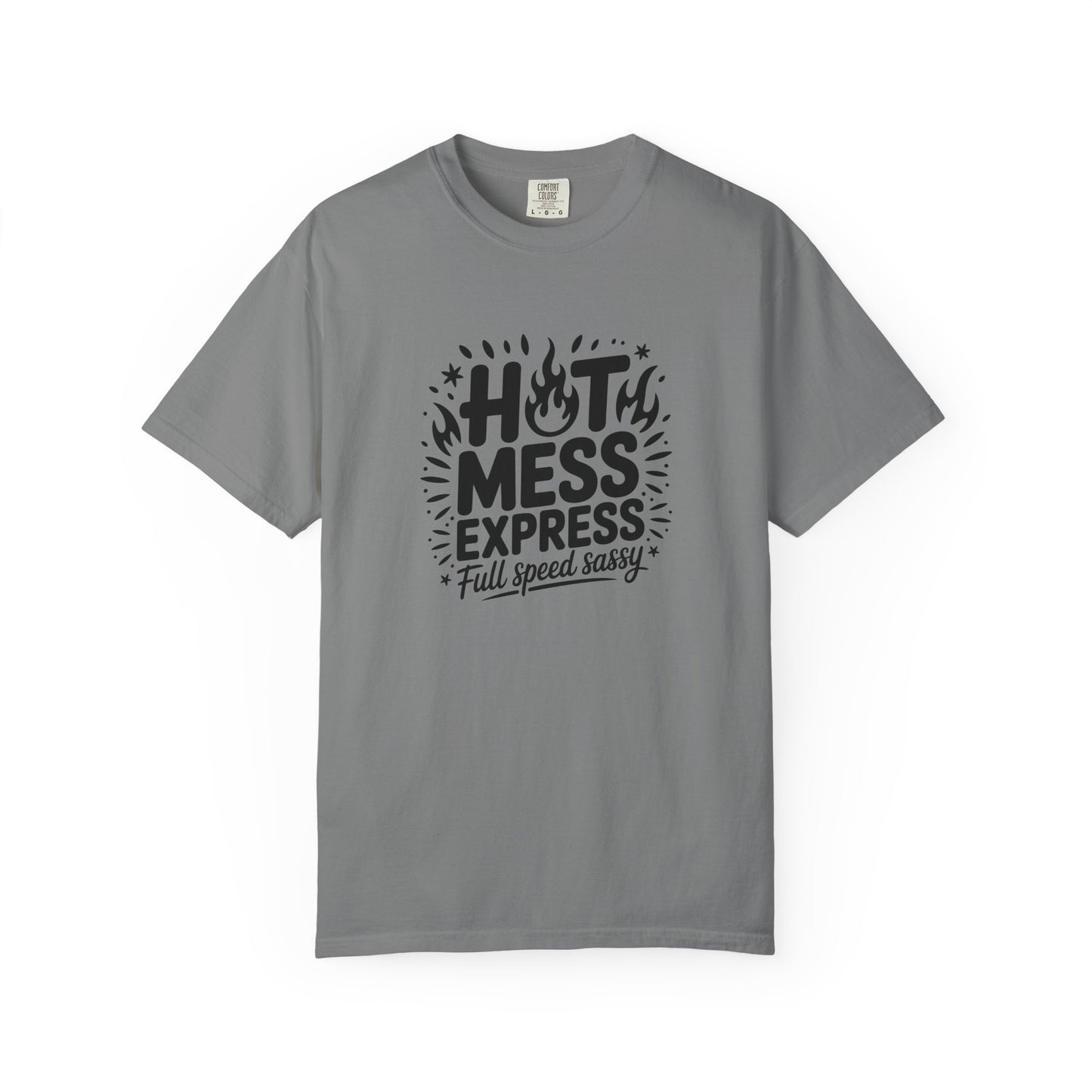 Gray t-shirt with black graphic and text on a white background