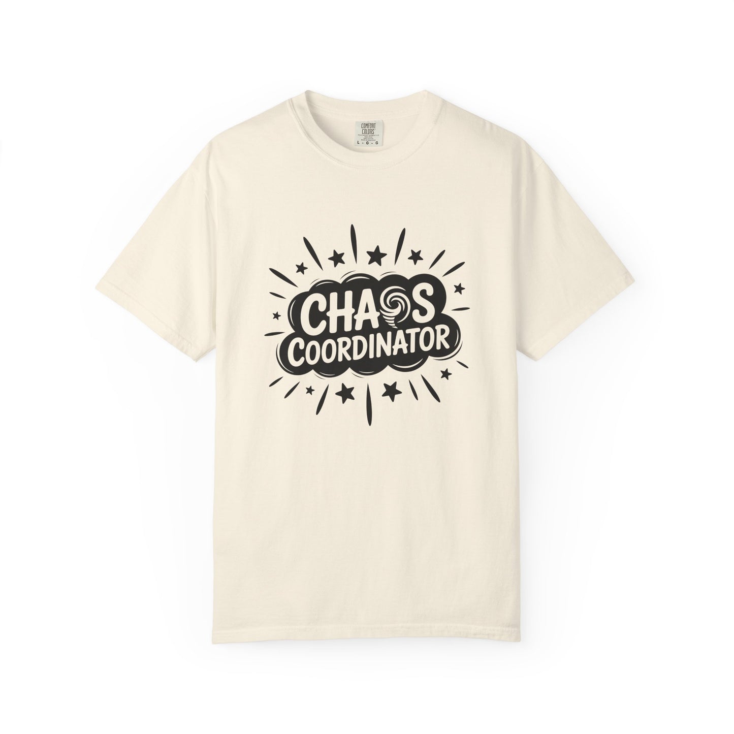 Beige t-shirt with 'Chaos Coordinator' text on a white background
