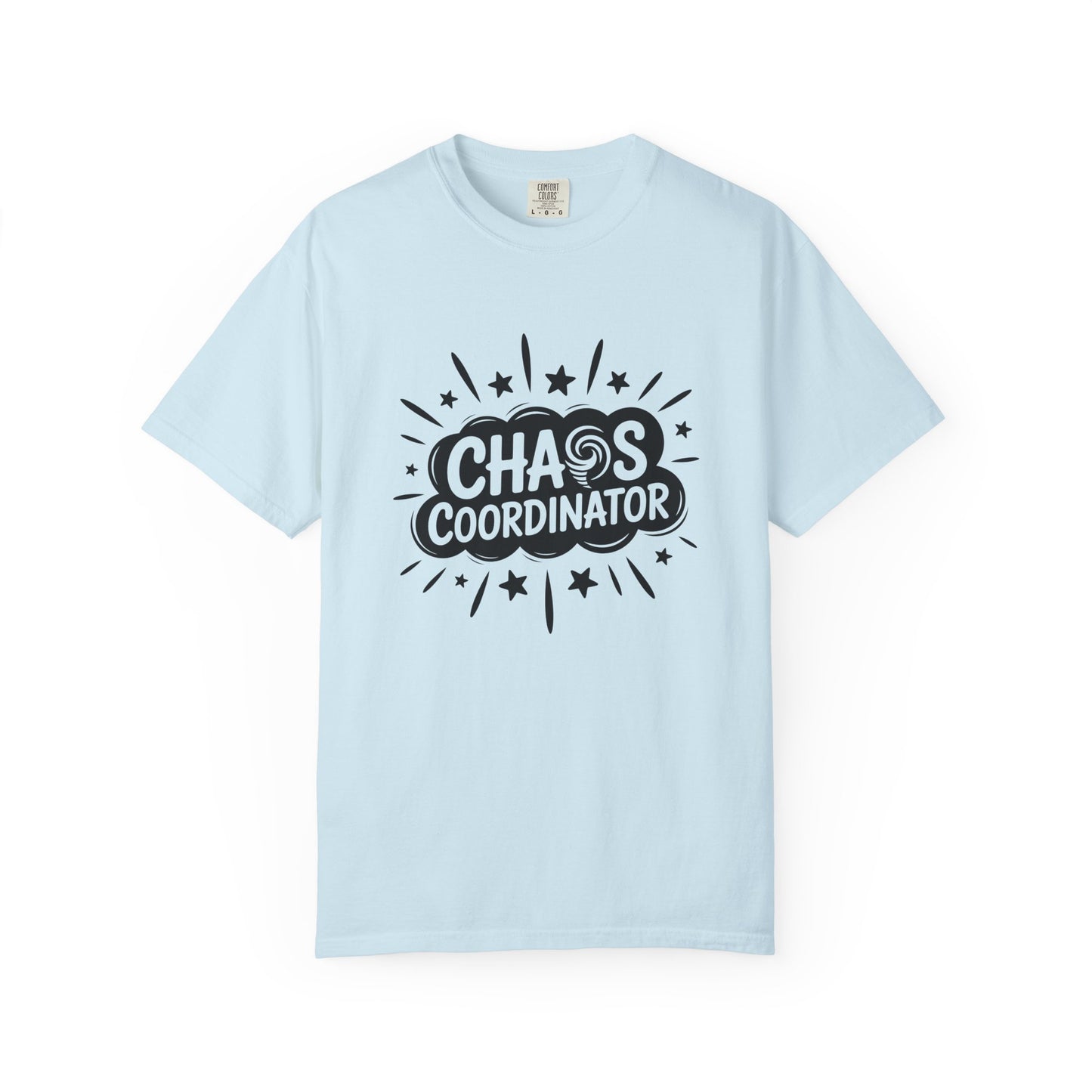 Light blue t-shirt with 'Chaos Coordinator' text on a white background
