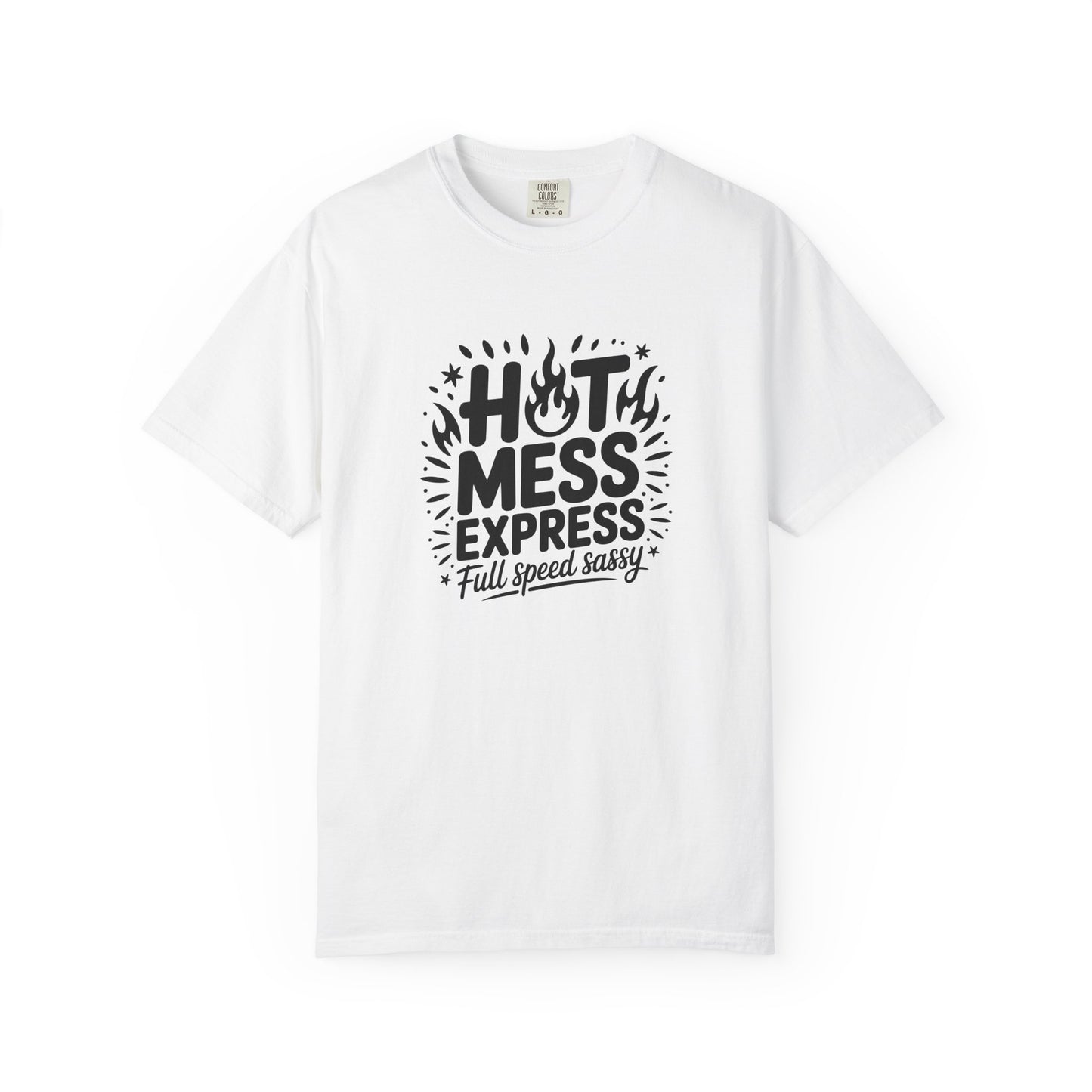 White t-shirt with black text design on a white background
