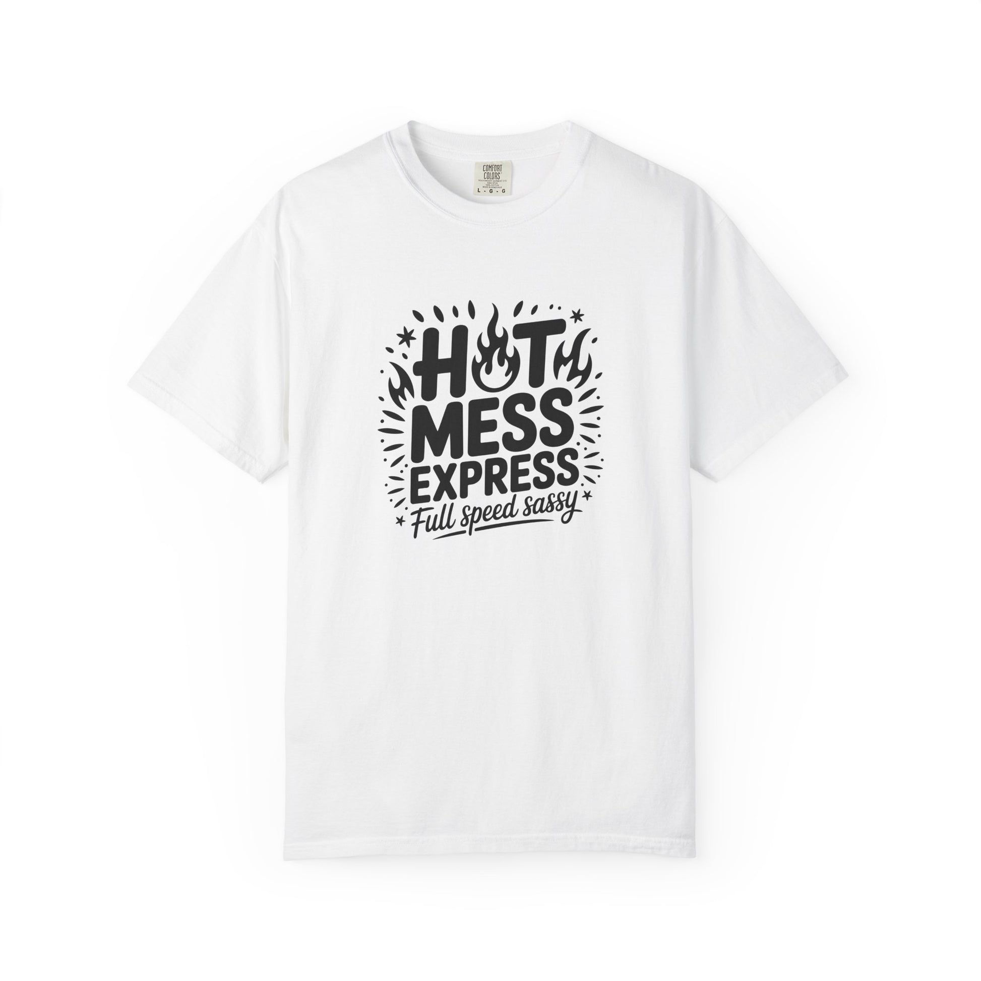 White t-shirt with black text design on a white background
