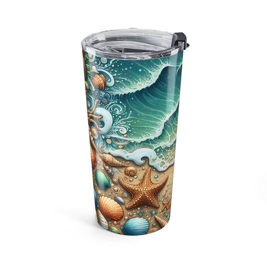Tumbler with ocean-themed design featuring waves, shells, and a starfish on a white background.