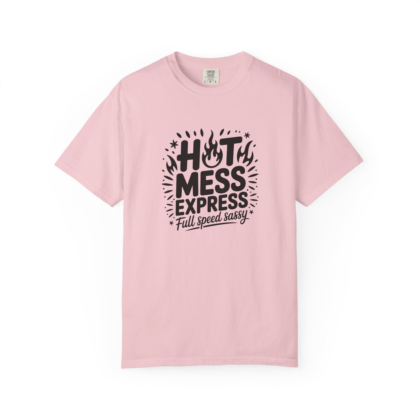 Pink t-shirt with black text design on a white background