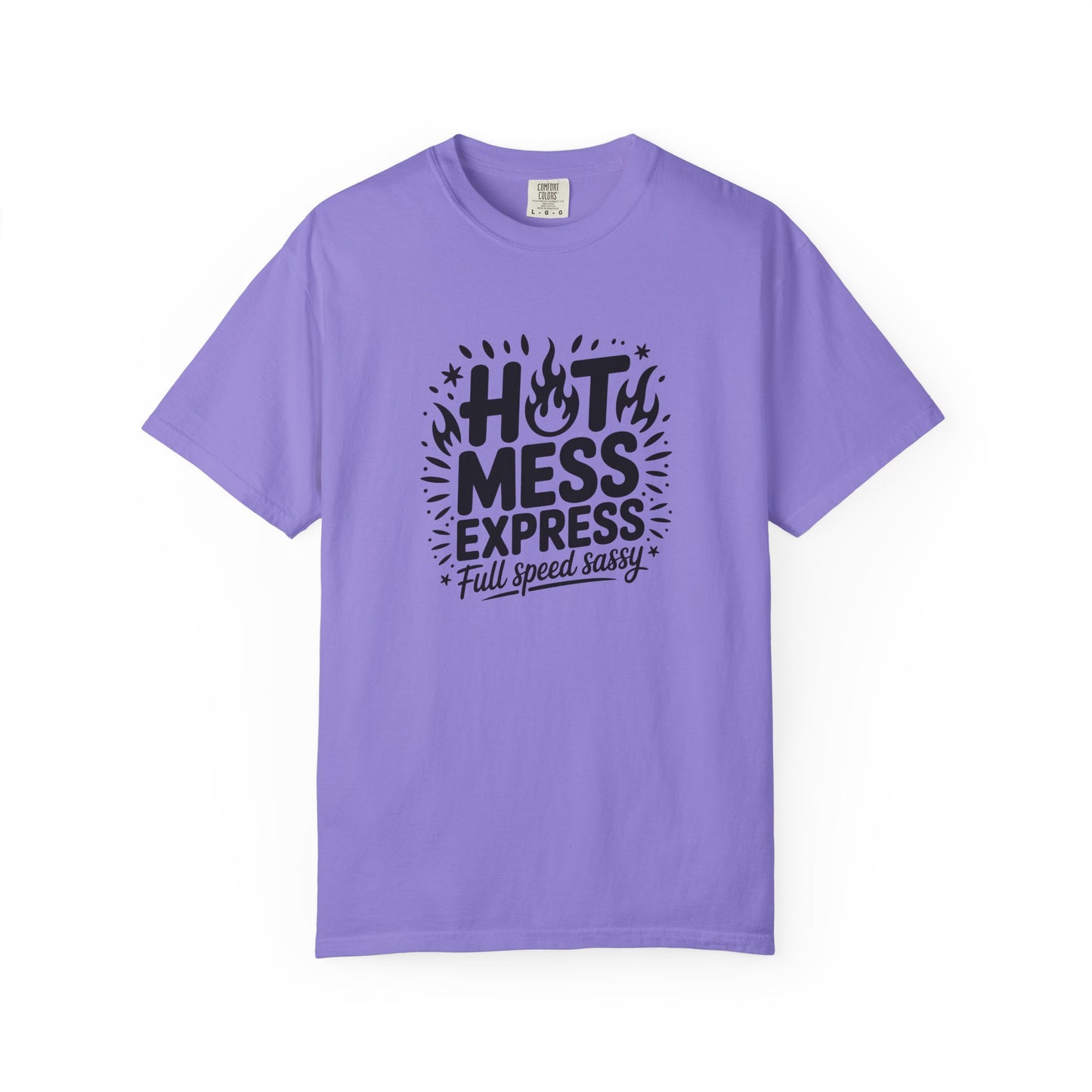 Purple t-shirt with black text design on a white background