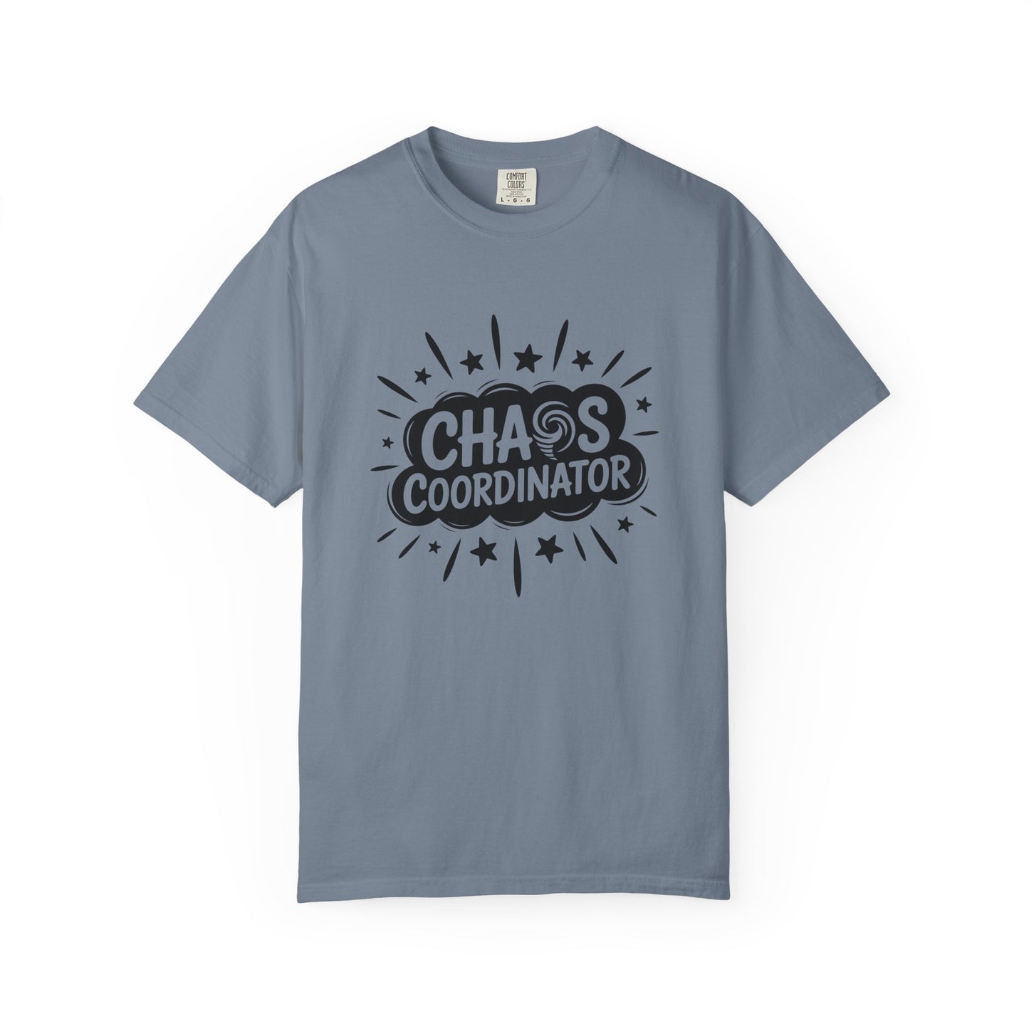 Blue t-shirt with 'Chaos Coordinator' text on a white background