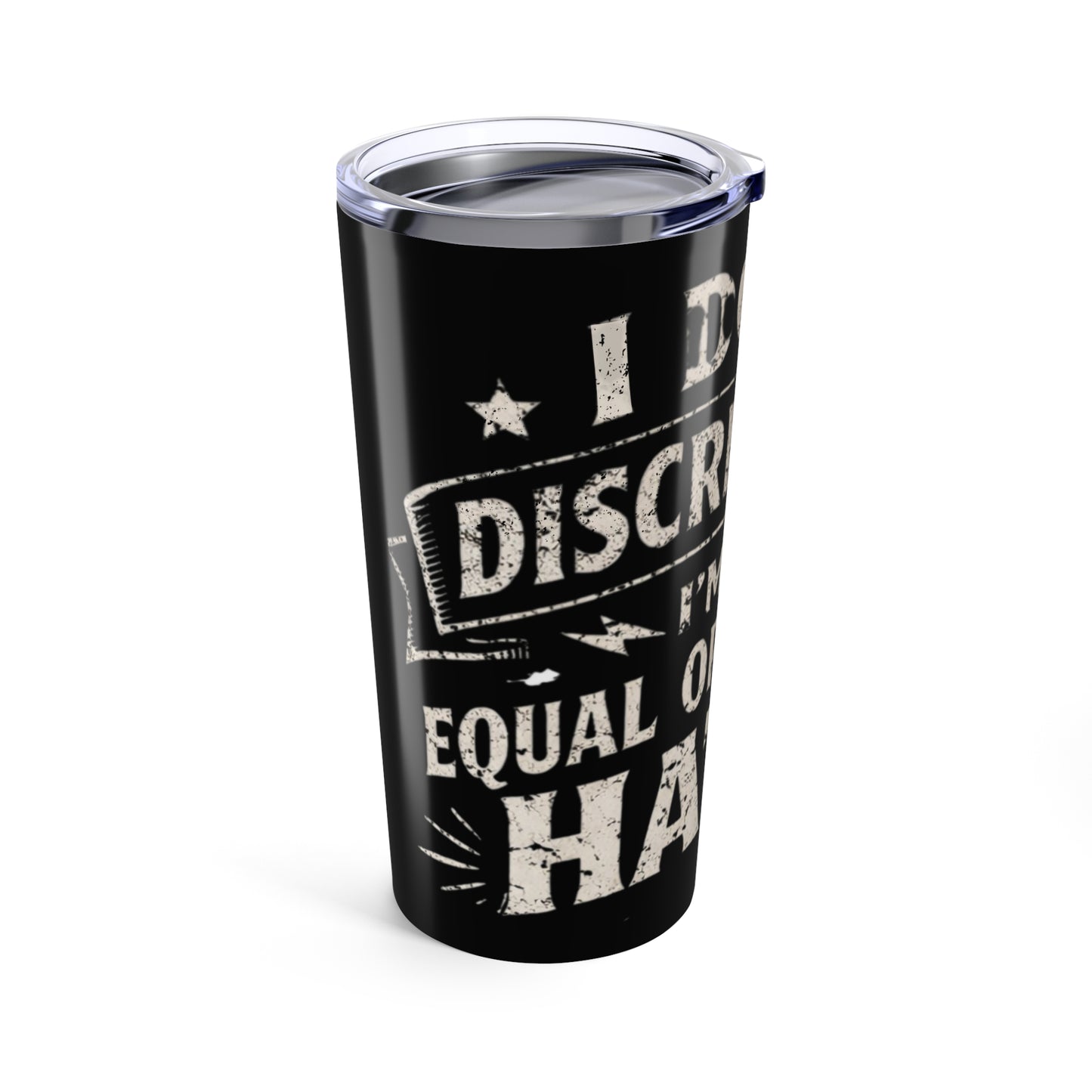 Black tumbler with white text on a white background