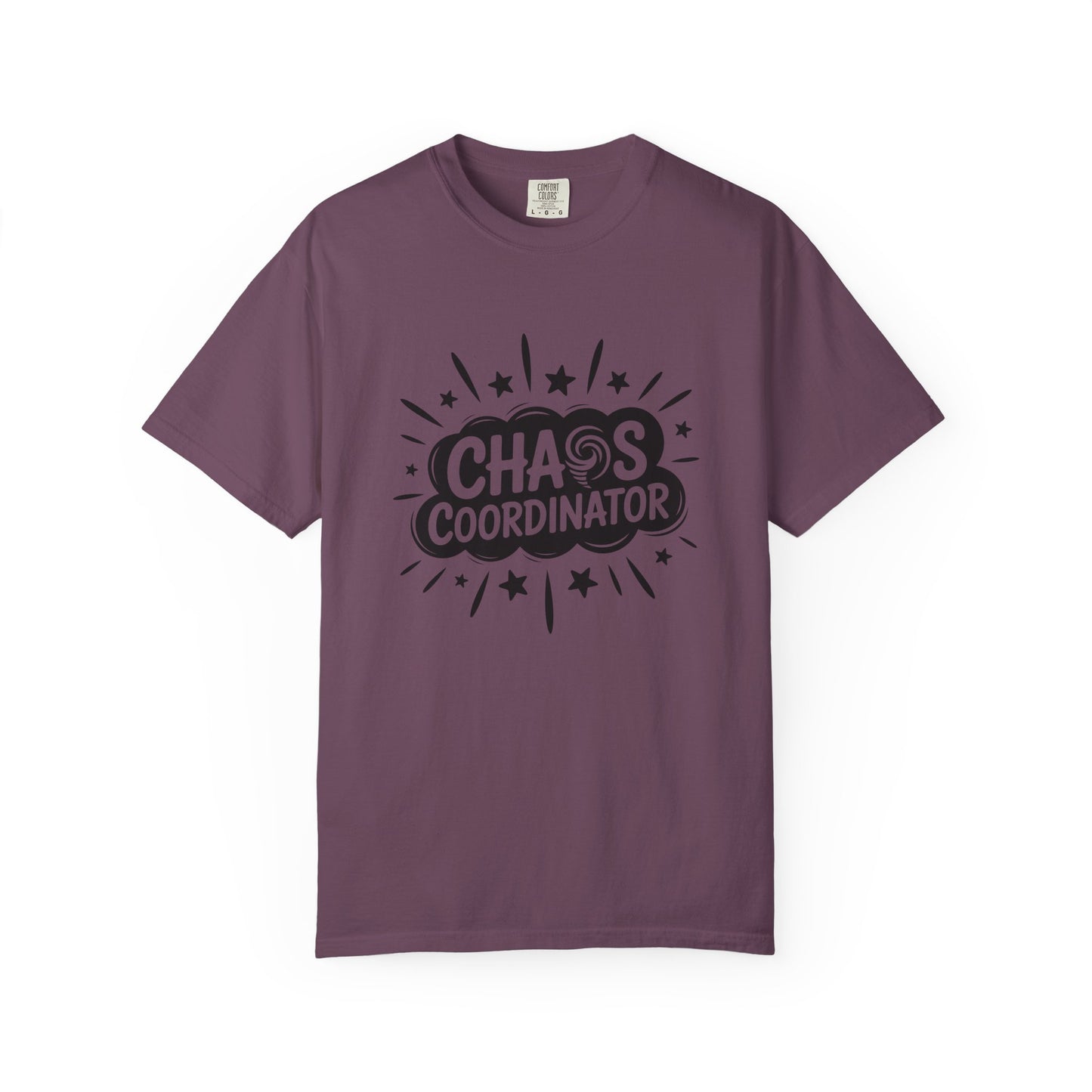 Purple t-shirt with 'Chaos Coordinator' text on a white background